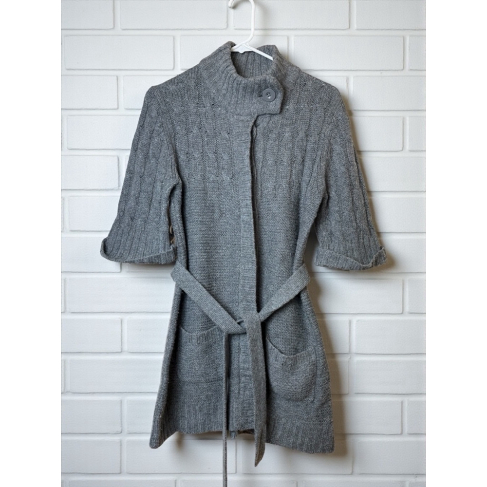 Merona Women's Medium Gray Chunky Knit Cozy Wool Blend Belted Button Up Cardigan